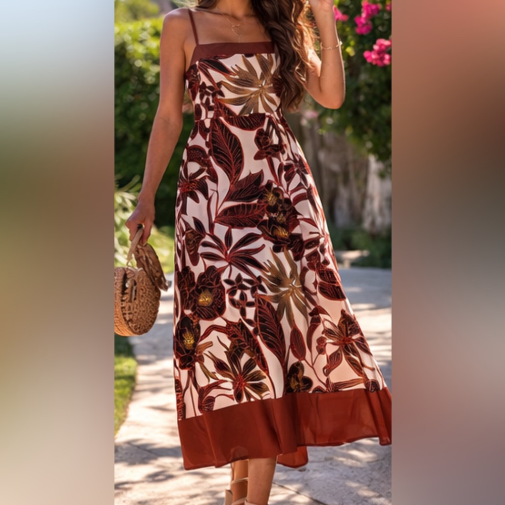 Boho Tropical Print Midi Dress – Flowy Summer Sundress